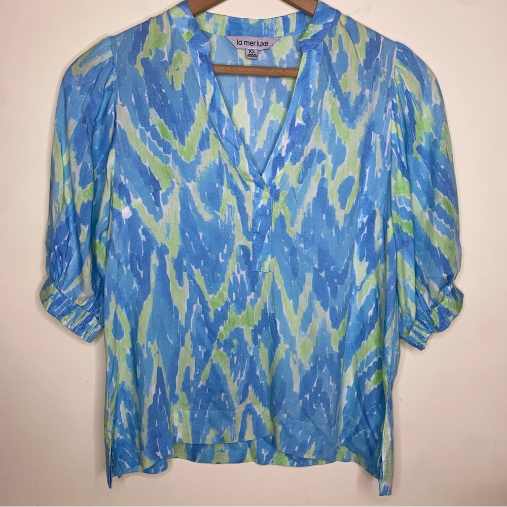 La Mer Luxe Size XS Blue And Green Printed Pullover Top In Excellent Condition